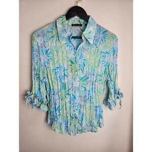 Violet + Claire Floral Pleated Crinkle Blouse Women's Size L Blue Green Fun!